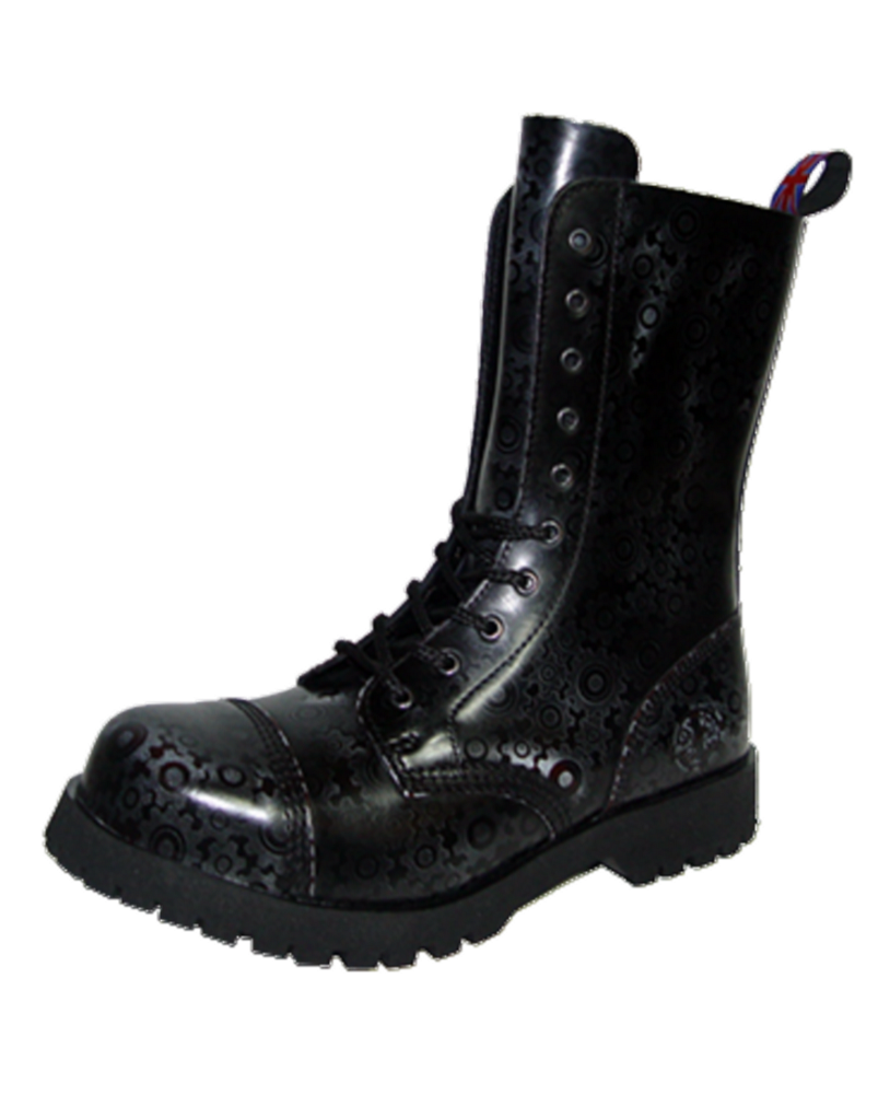 Nevermind Rangers 10 eyelets in black leather with gear embossing – industrial & alternative boots.