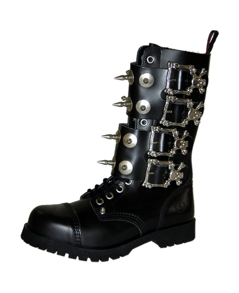 Rangers Nevermind 14 occhielli in pelle nera, con borchie metalliche e fibbie a teschio – stile goth-punk estremo.