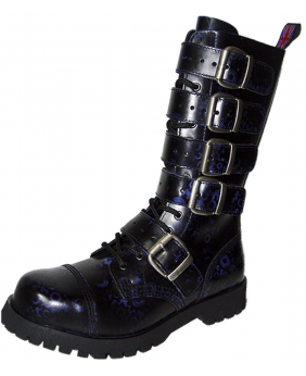 Rangers 14 ojales Nevermind – cuero negro patinado con motivos azules – 5 hebillas – estilo steampunk nocturno