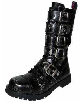 Rangers 14 ojales Nevermind – cuero negro patinado con motivos grises – 5 hebillas – estilo steampunk