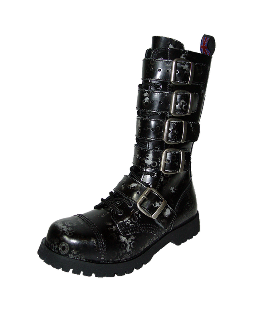 Rangers 14 œillets Nevermind – cuir noir patiné motifs gris – 5 boucles – style steampunk