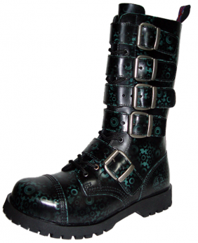 Rangers 14 Ösen Nevermind – schwarzes patiniertes Leder mit grünen Zahnradmotiven – 5 Schnallen – Steampunk-Mechanik-Stil