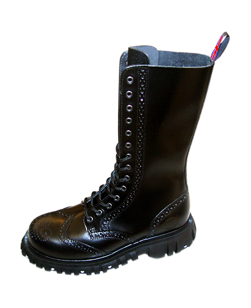 Rangers 14 ojales Nevermind en cuero negro, con detalles brogue y suela gruesa – estilo gótico elegante.