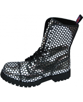 Nevermind Rangers 10 eyelets silver holographic bubble leather – futuristic alternative boots.