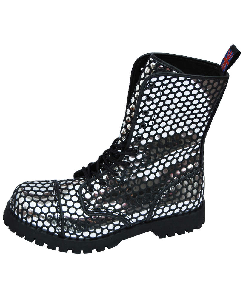 Nevermind Rangers 10 eyelets silver holographic bubble leather – futuristic alternative boots.