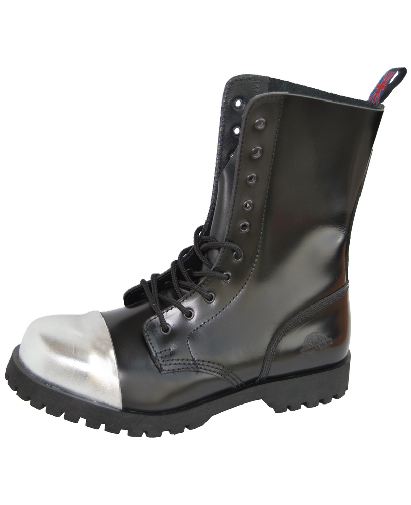 Nevermind Rangers 10 eyelets black leather with silver toe – robust alternative boots.