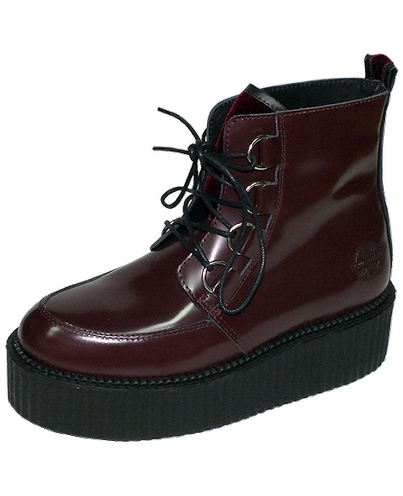 Creepers Nevermind Cherry-Leder & Samt, doppelte Sohle, Samtstreifen hinten.