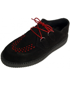 Creepers semelle simple en cuir suédé noir avec lacets et tressage rouges.
