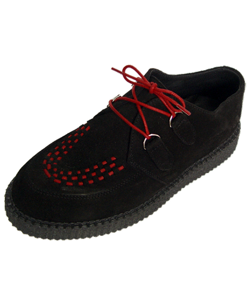 Creepers Nevermind einfache Sohle schwarzes Wildleder mit roter Schnürung und Flechtung.