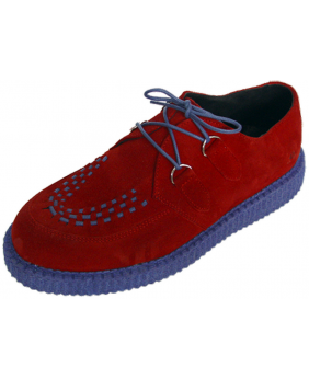 Nevermind single sole creepers in red suede with blue sole, laces and woven detail.