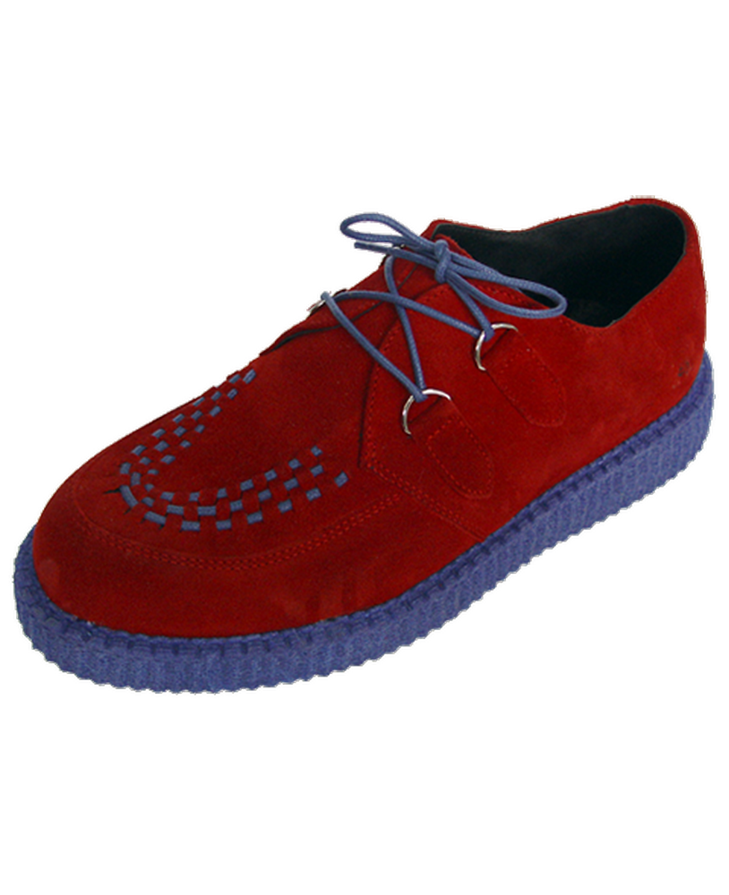 Creepers Nevermind suola semplice camoscio rosso con suola, lacci e intreccio blu.