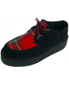 Nevermind Creepers double sole – black suede & red tartan fabric, unisex.