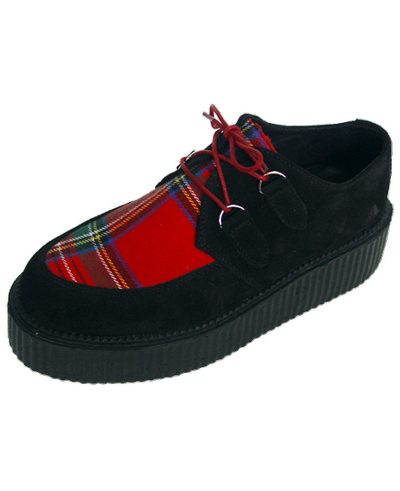 Nevermind Creepers double sole – black suede & red tartan fabric, unisex.