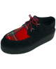Nevermind Creepers double sole – black suede & red tartan fabric, unisex.