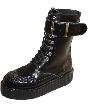Black leather creeper boots with lacing, strap and rubber platform.