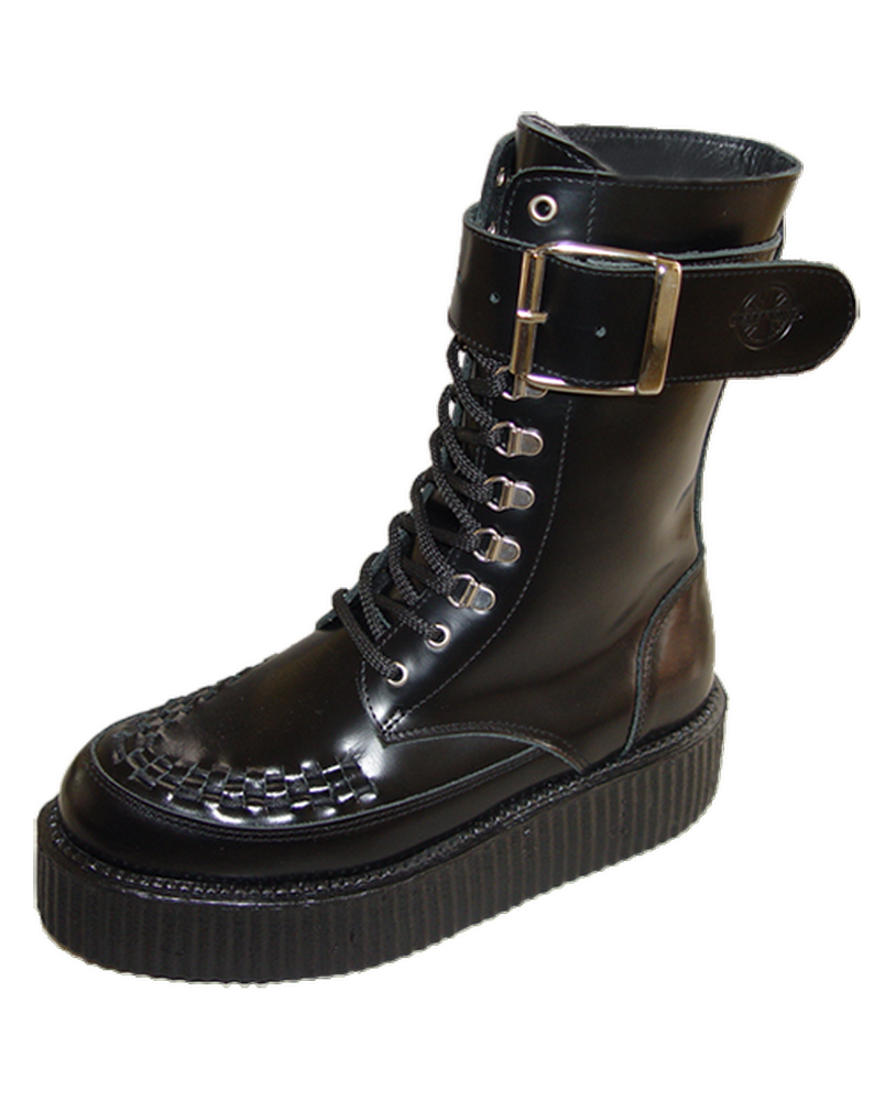 Black leather creeper boots with lacing, strap and rubber platform.