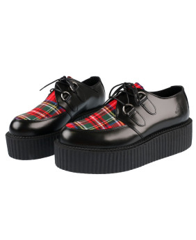Nevermind Creepers in smooth black leather with red/green tartan fabric insert and double black platform sole.