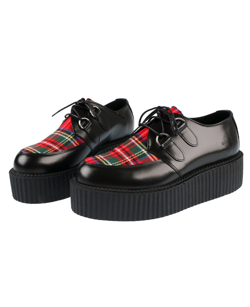 Nevermind Creepers in smooth black leather with red/green tartan fabric insert and double black platform sole.