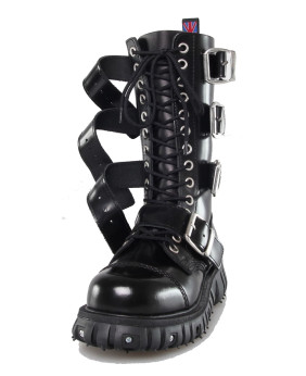 Rangers 14 œillets Nevermind – cuir noir – sangles & semelle rivetée – style cyber-goth