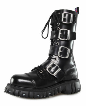Rangers Nevermind 14 Ösen aus schwarzem Leder, mit Metallschnallen und genieteter Sohle – Cyber-Gothic Industrie-Stil.