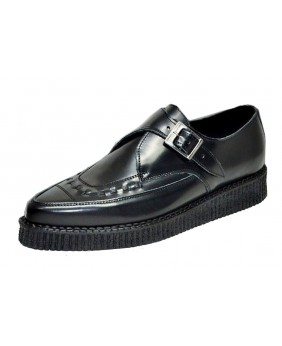 Spitze Creepers aus glattem schwarzem Leder mit Schnalle – Nevermind