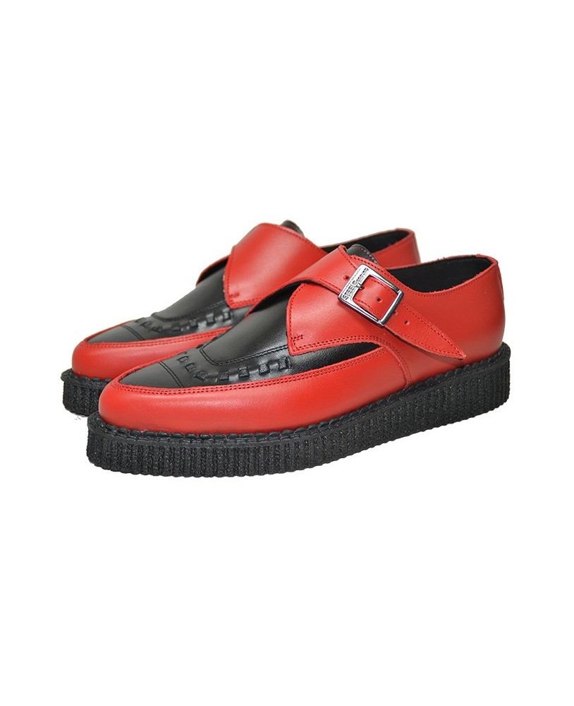 Creepers Nevermind puntiagudos en cuero rojo y negro.