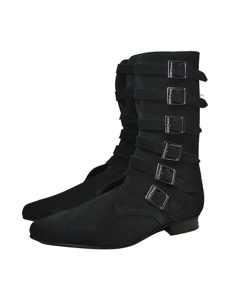 Botte rétro 6 boucles en cuir suédé noir.