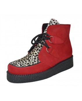 Boots creepers rouges en suédine, avant léopard, semelle 3 cm.
