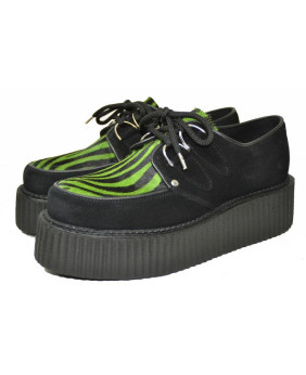 Nevermind Creepers in black suede & green/black zebra bovine fur, double rubber sole, bold style.