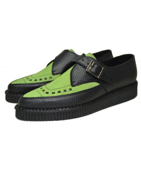 Creepers Nevermind à bout pointu en cuir noir imitation reptile et suédine verte.