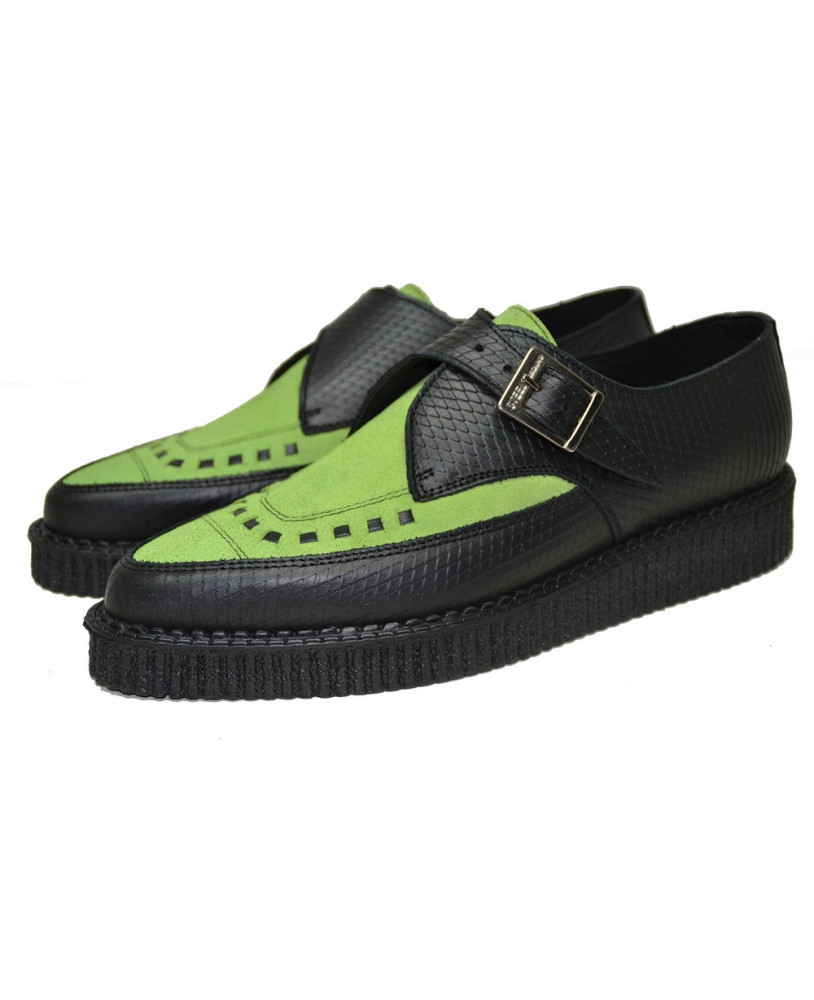 Nevermind pointed toe creepers in black reptile-effect leather and green suede.