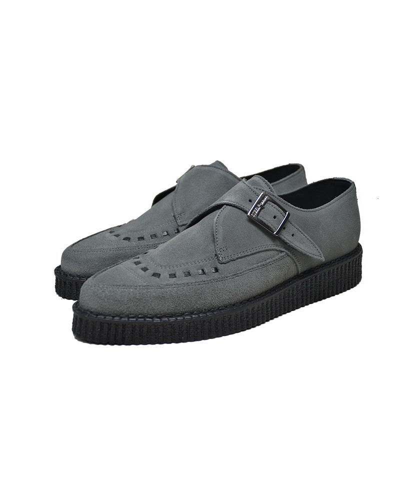 Nevermind pointed toe creepers in grey suede leather with buckle.