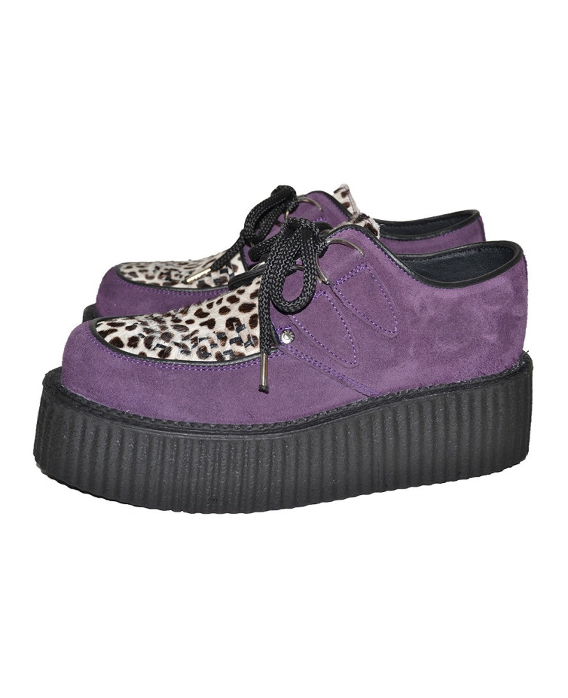 Creepers Nevermind viola in camoscio con doppia suola e pelle bovina leopardata – ribelli, selvaggi e underground.