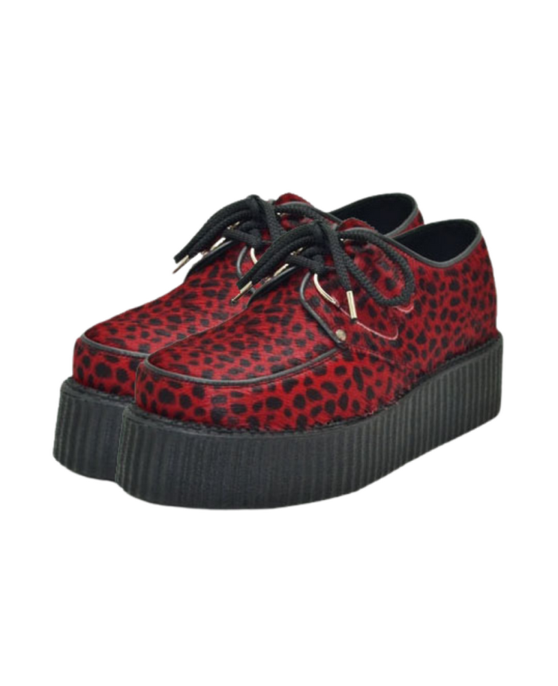 Creepers Nevermind à double semelle en fourrure bovine rouge léopard noir – sauvages, rebelles et underground.