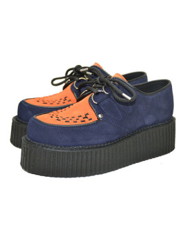 Nevermind navy blue and orange creepers with double sole and woven detail – bold, unique, and underground.