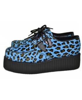 Creepers Nevermind en cuir noir et fourrure bovine léopard bleu – sauvages, rebelles et underground.