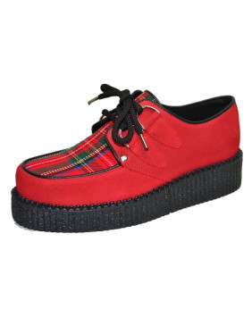 Creepers Nevermind red suede with tartan vamp, single black rubber sole.