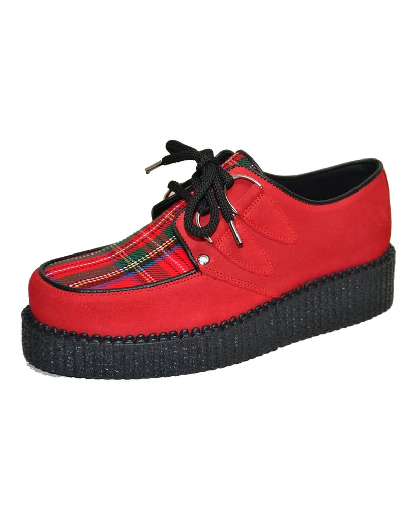 Creepers Nevermind red suede with tartan vamp, single black rubber sole.