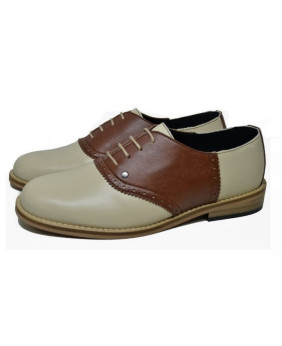 Zapatos de bolos Nevermind cuero beige & marrón, suela Néolite.