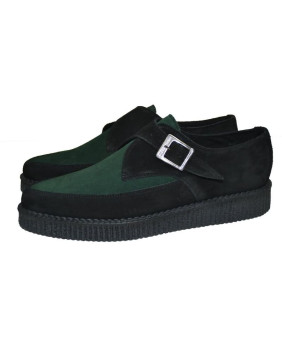 Creepers a punta in suede verde e nero firmate Nevermind, con fibbia argentata e suola in gomma da 3 cm.