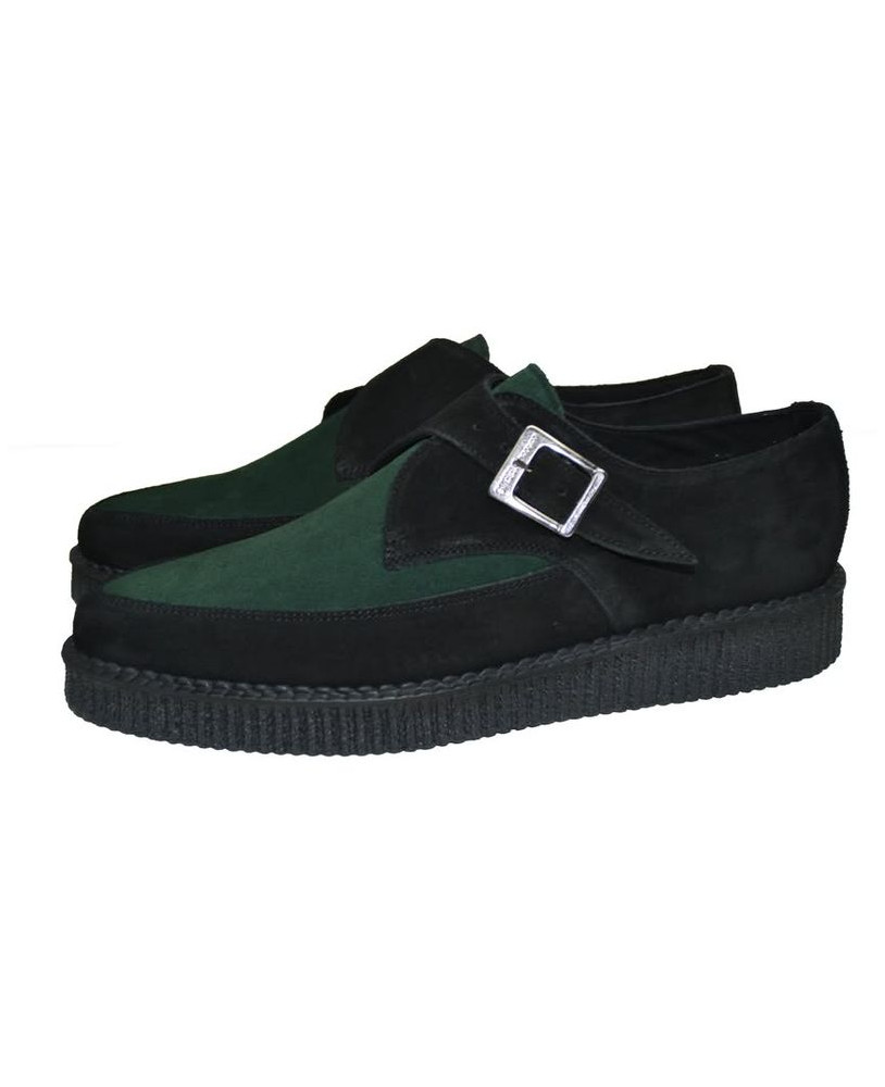 Creepers mit spitzer Spitze aus grünem und schwarzem Wildleder von Nevermind, mit silberner Schnalle und 3 cm Gummisohle.