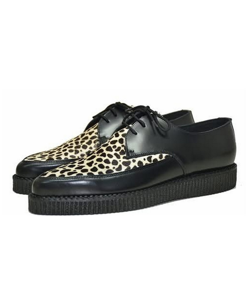 Creepers Nevermind a punta in pelle nera e cavallino leopardato.