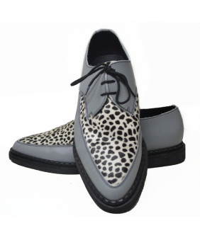 Creepers Nevermind à bout pointu en cuir gris et fourrure bovine léopard.