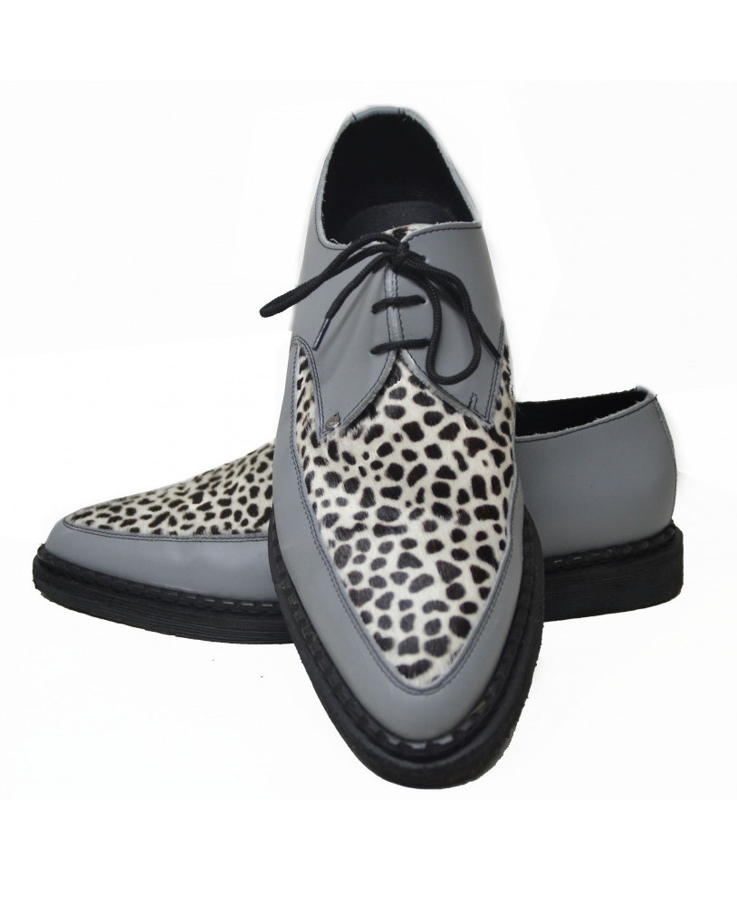 Creepers Nevermind puntiagudos en cuero gris y piel bovina de leopardo.