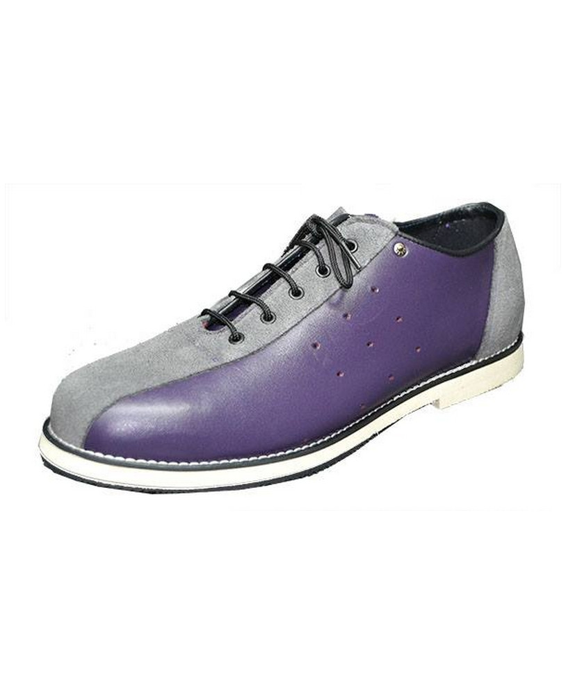 Zapato de bolos Nevermind en cuero violeta & ante gris.
