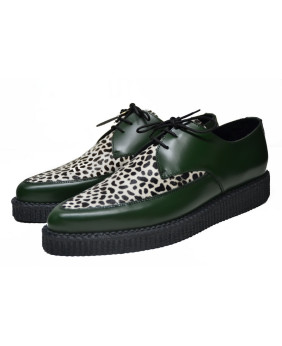 Creepers Nevermind a punta in pelle verde e cavallino leopardato.