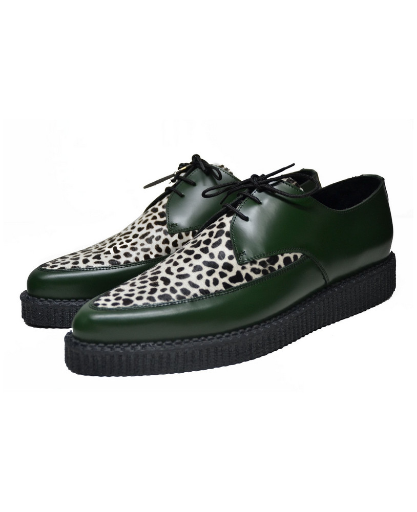 Creepers Nevermind a punta in pelle verde e cavallino leopardato.