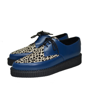 Creepers Nevermind a punta in pelle blu e cavallino leopardato.