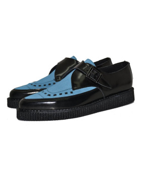 Creepers mit Schnalle aus schwarzem Leder und hellblauem Wildleder mit Lochmuster, von Nevermind, mit 3 cm Gummisohle.