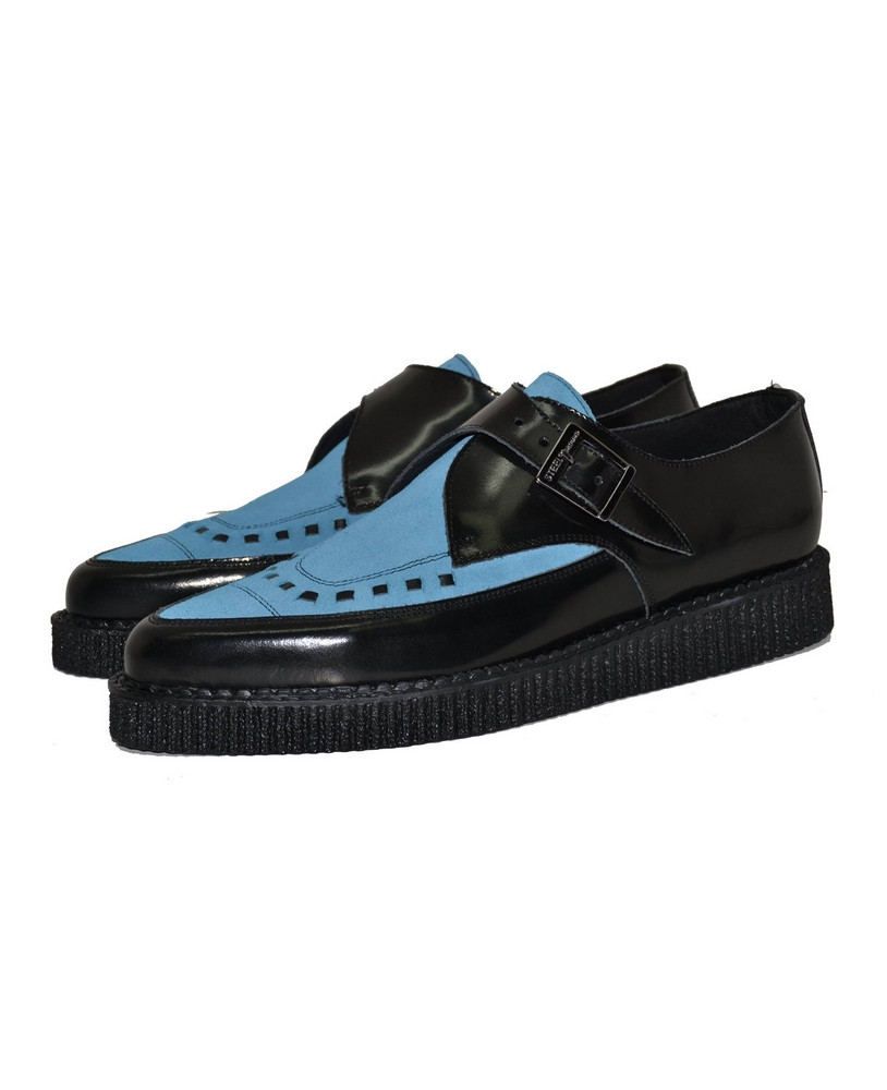 Buckle creepers in black leather and light blue suede with perforated pattern, by Nevermind, with 3 cm rubber sole.